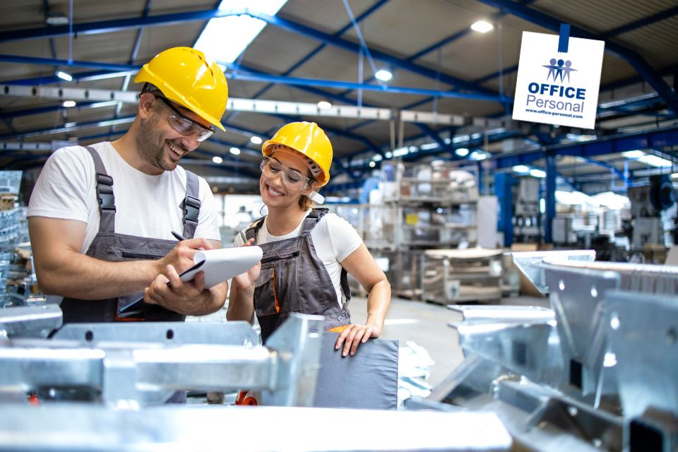 Produktion, Produktionsmitarbeiter*in, Mann, Frau, Halle, Metall, Helm, 