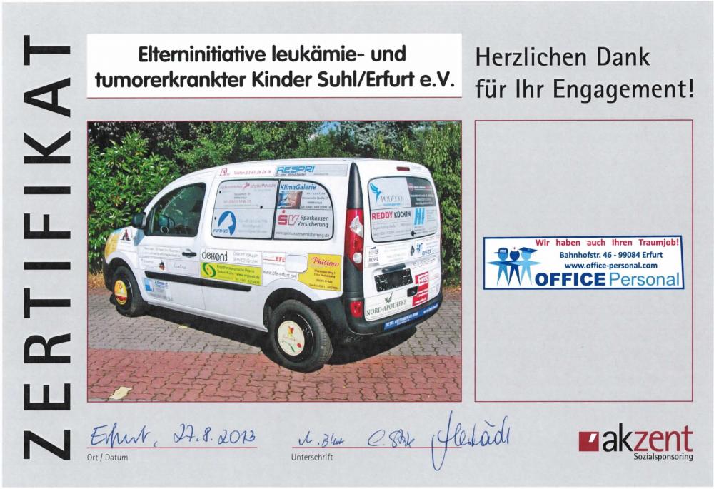 Elterninitiative leukämie- tumorkranker Kinder in Suhl wird von OFFICE Personal unterstützt